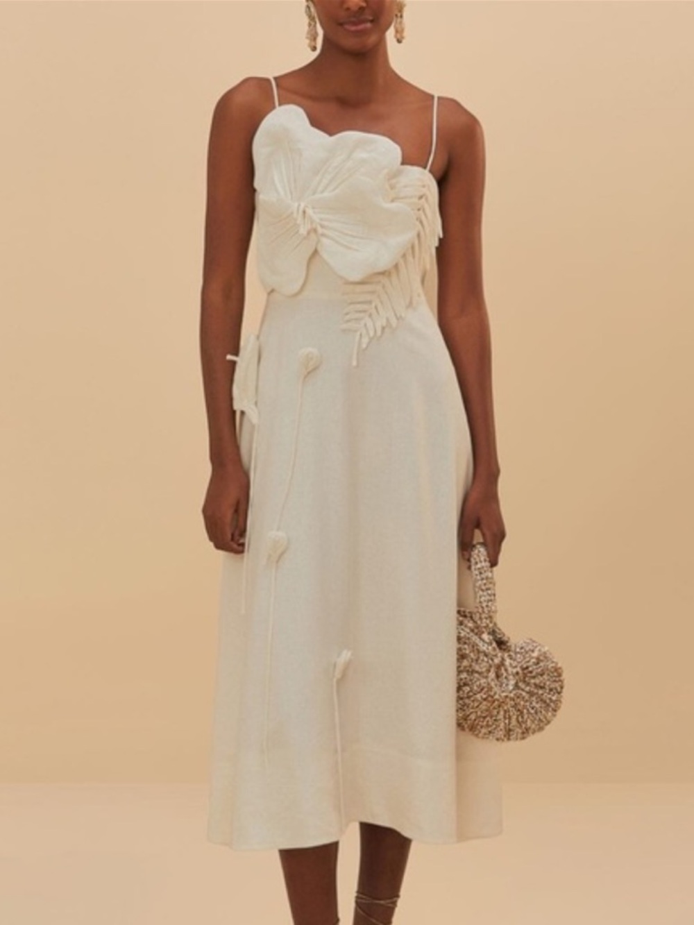 FARM Rio White Floral-Appliqué Midi Dress